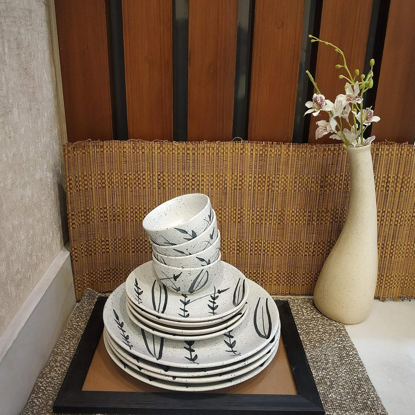 Caffeine Ceramic Handmade White Bamboo Combo Dinner Set (12 pcs.)