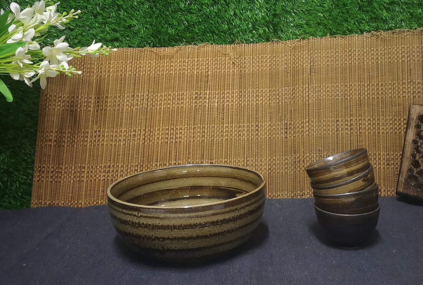 Caffeine Ceramic Handmade Stoneware Wooden Brown Combo Dinner Set of 15