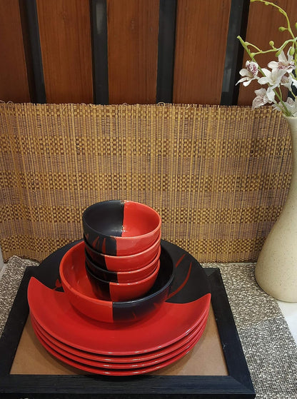 Caffeine Ceramic Handmade Red & Black Combo Dinner Set 9 pcs.(4 Dinner Plate, 4 Katori Bowl, 1 Serving Bowl)