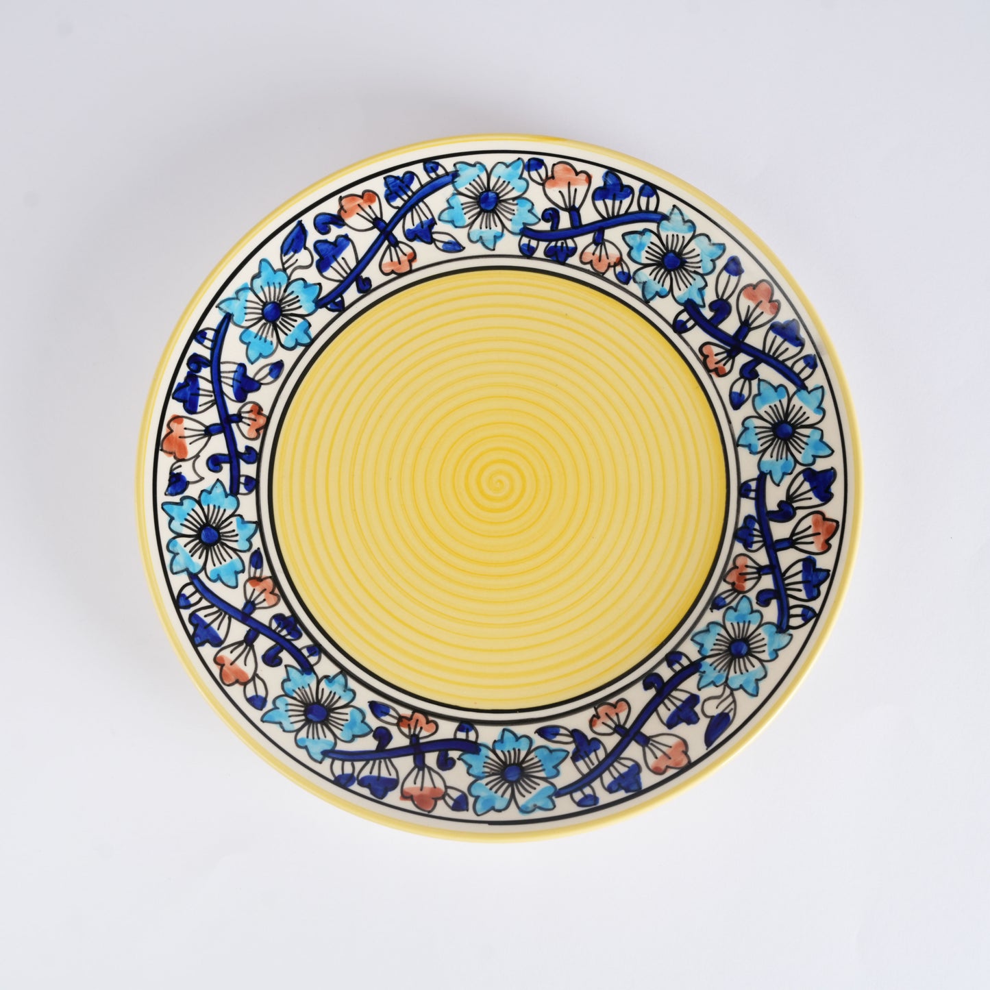 Caffeine Ceramic Handmade Royal Blue & Yellow Flowra Print Dinner Plate set of 4 - Caffeine Premium Stoneware