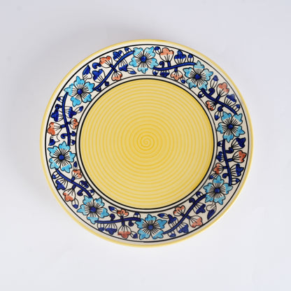 Caffeine Ceramic Handmade Royal Blue & Yellow Flowra Print Dinner Plate set of 4 - Caffeine Premium Stoneware