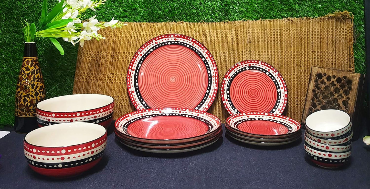 Caffeine Premium Ceramc Handmade Red & Black Dot Combo Dinner Set of 14 Pcs (4 Dinner Plate, 4 Quarter Plate, 4 Katori Bowl, 2 Serving Bowl)