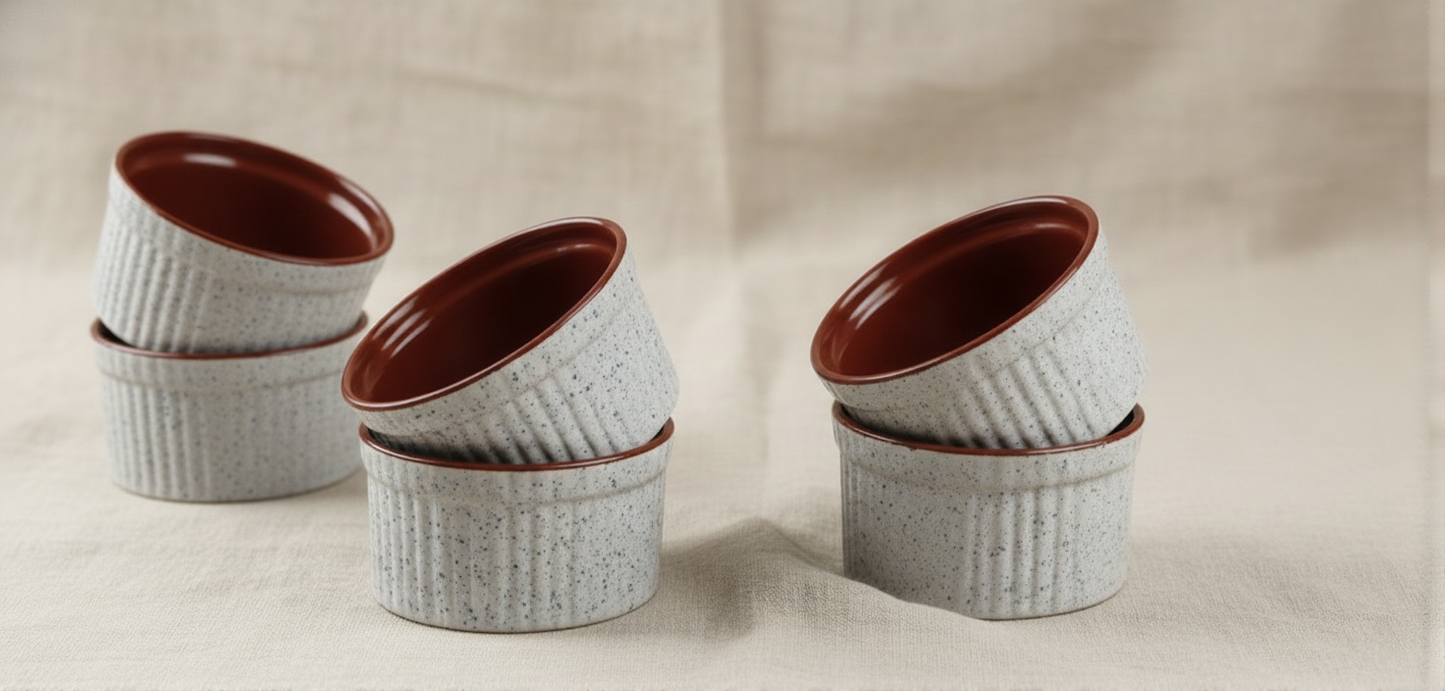 Caffeine Ceramic Handmade White & Brown Ramekins Bowl (Set of 6)