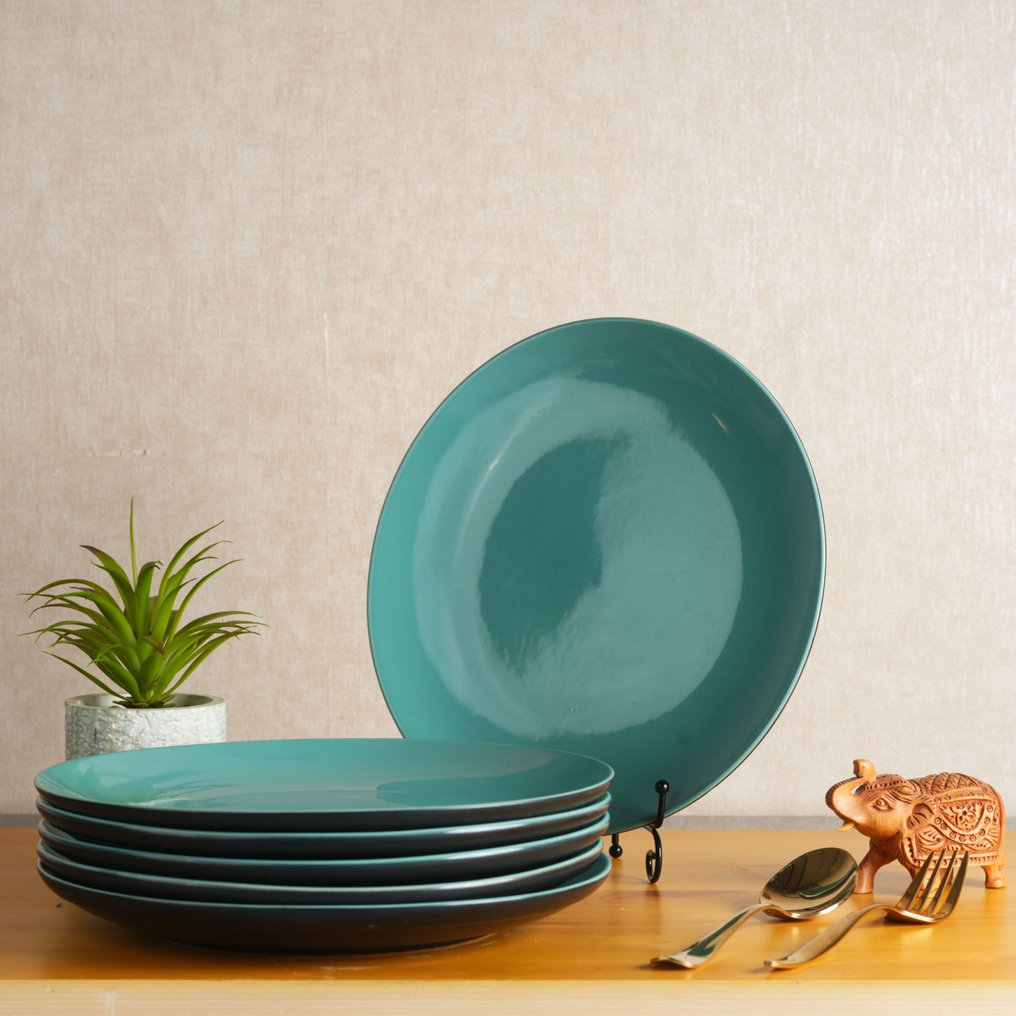 Caffeine Ceramic Stoneware Handmade Green Glossy Dinner Plate 10" inch Set of 6 (Microwave & Dishwasher Safe) - Caffeine Premium Stoneware