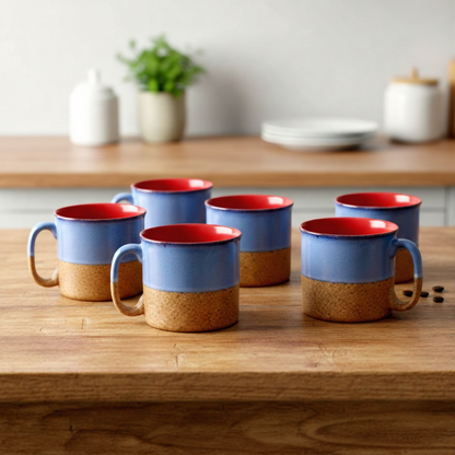 Caffeine Ceramic Handmade Blue and Mustard Maggie Mug (Set of 6)
