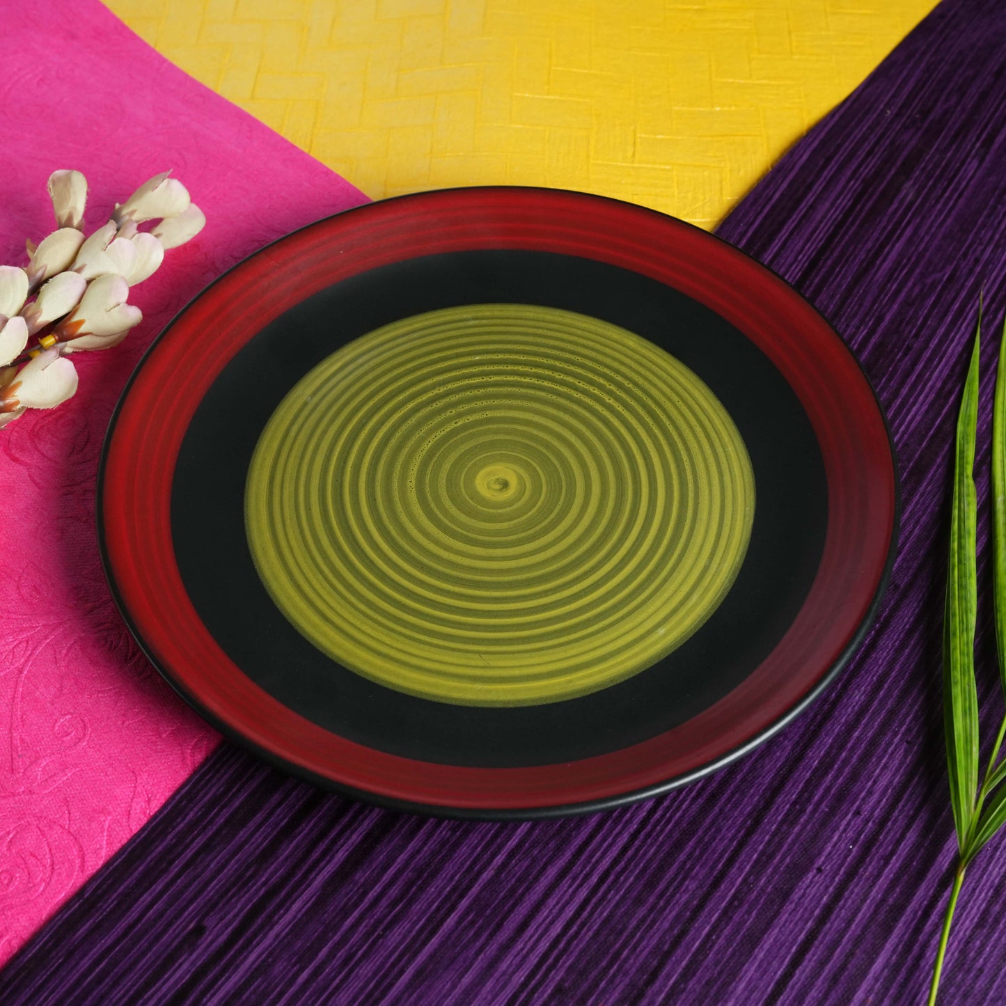 Caffeine Ceramic Handmade Stoneware Green Chandrakari Dinner Plates10 inch Set of 2 - Caffeine Premium Stoneware