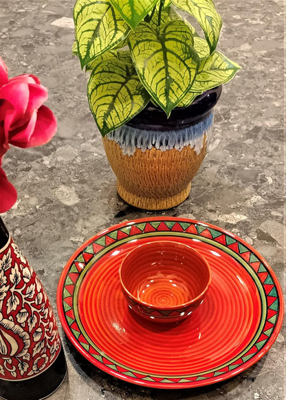 Caffeine Ceramic Handmade Red & Green Tribal Combo Dinner Set (4 pcs)
