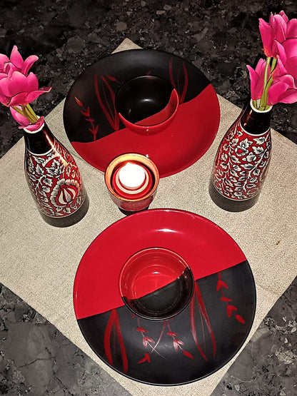 Caffeine Ceramic Handmade Red & Black Bamboo Dinner Set (Set of 4)
