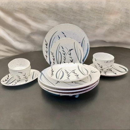 Caffeine Ceramic Handmade White Bamboo Combo Dinner Set (12 pcs.)