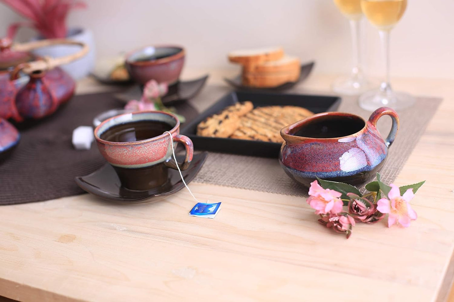 Caffeine Ceramic Handmade Stoneware Plum Ferrous Printed Tea Set of 15 - Caffeine Premium Stoneware