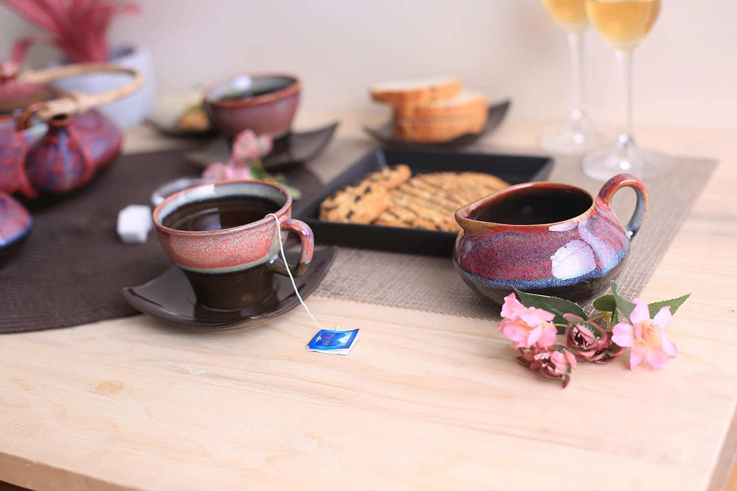 Caffeine Ceramic Handmade Stoneware Plum Ferrous Printed Tea Set of 15 - Caffeine Premium Stoneware