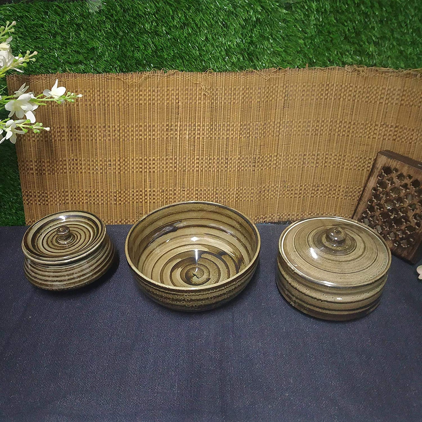 Caffeine Ceramic Handmade Stoneware Wooden Brown Combo Dinner Set of 15