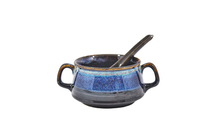 Caffeine Ceramic Handmade Multi Color Double Handled Soup Bowl with Spoon Set 4 - Caffeine Premium Stoneware