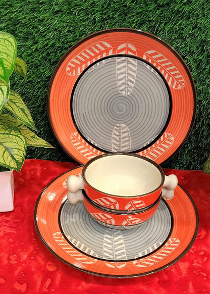 Caffeine Ceramic Handmade Orange & Grey leaf Combo Dinner Set (8 pcs.)