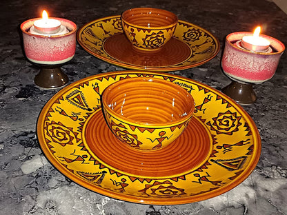Caffeine Ceramic Handmade Mustard Brown Romani Combo Dinner Set (Set of 8)