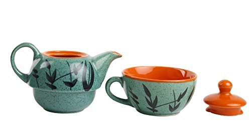 Caffeine Ceramic Handmade Green & Orange Bamboo 2 in1 Tea Pot (Set of 1, Single Kettle with Cup)