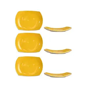Caffeine Ceramic Handmade Yellow Glossy Rectangular Snack Plate (Set of 6)