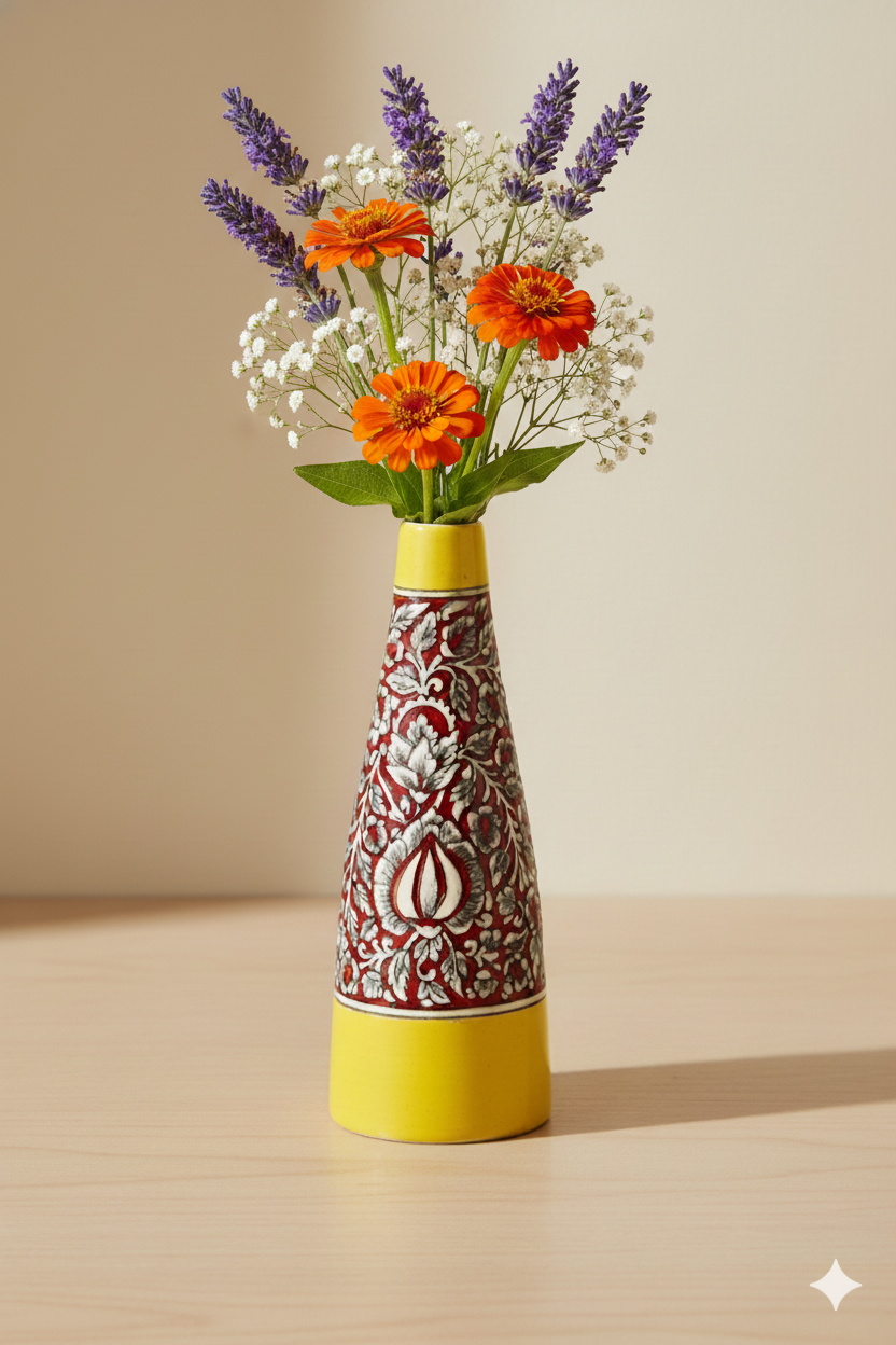 Decorative vase with floral arrangement on a beige background