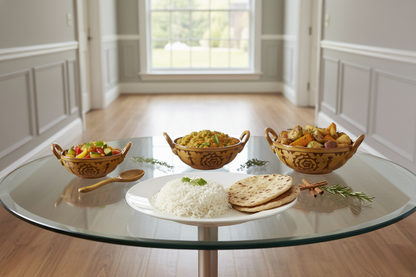 Caffeine Ceramic Handmade Stoneware Mustard Romani Serving kadhai (Set of 3 Dishwasher & Microwave Safe)