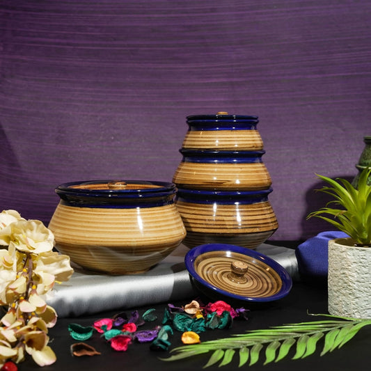 Caffeine Ceramic Handmade Blue & Brown Studio Serving Handi with Lid (Set of 4)