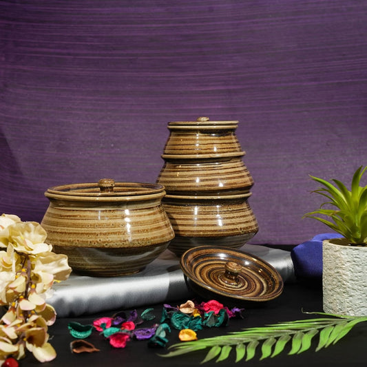 Caffeine Ceramic Handmade Wooden Brown Serving Handi with Lid (Set of 4)