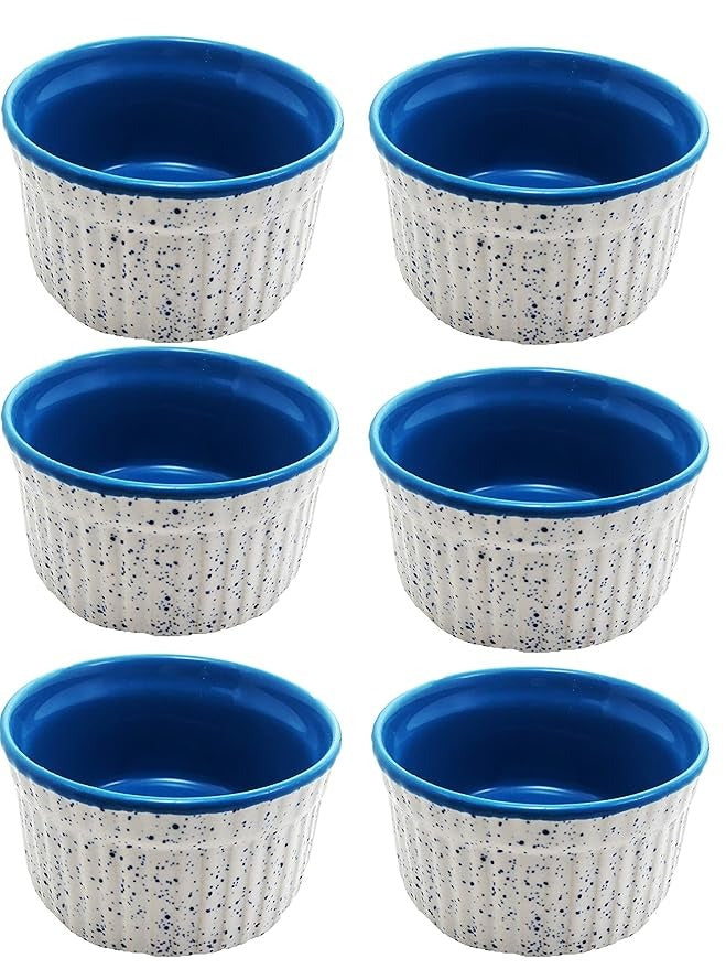 Caffeine Handmade Ceramic Stoneware Ramekin Bowls – Glossy Blue & Matte White (Set of 6, 150 ml Each)