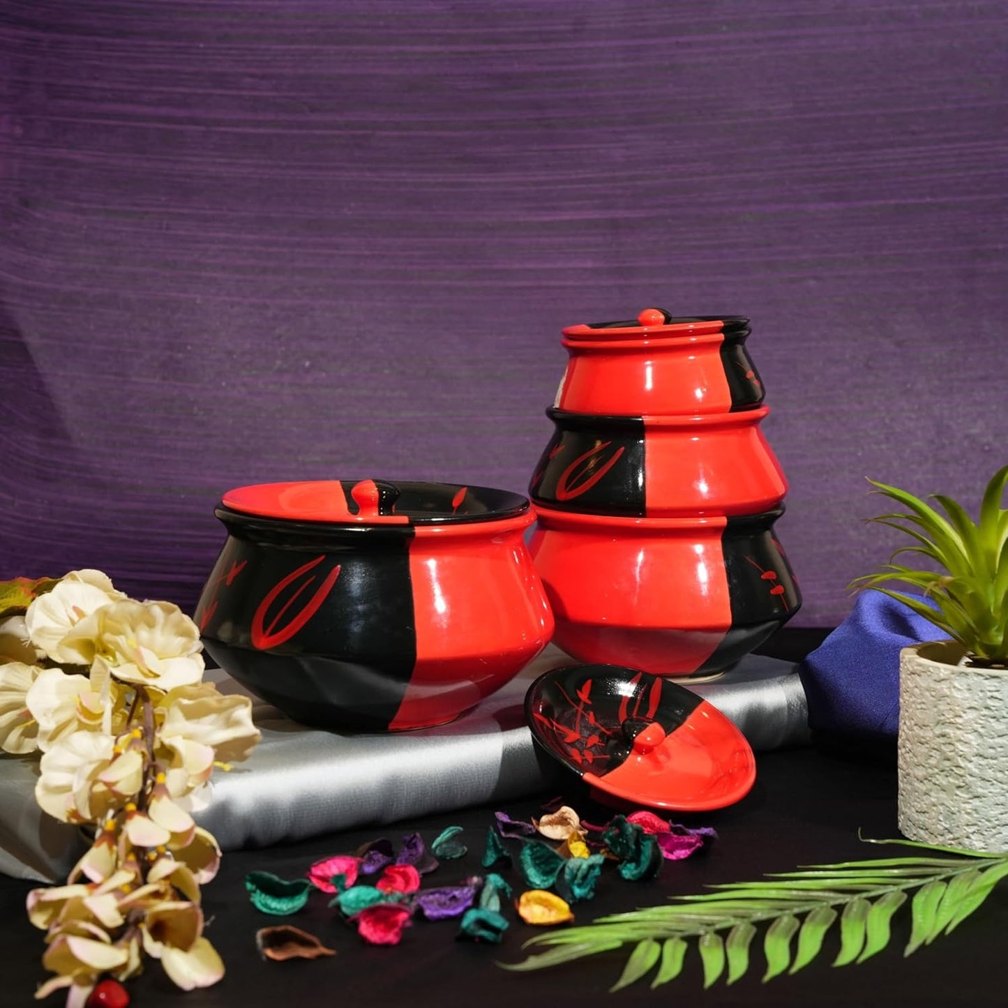 Caffeine Ceramic Handmade Red & Black Bamboo Serving Handi with Lid (Set of 4)