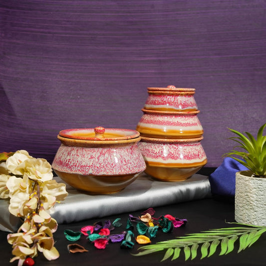 Caffeine Ceramic Handmade Pink & Mustard Studio Serving Handi with Lid (Set of 4)