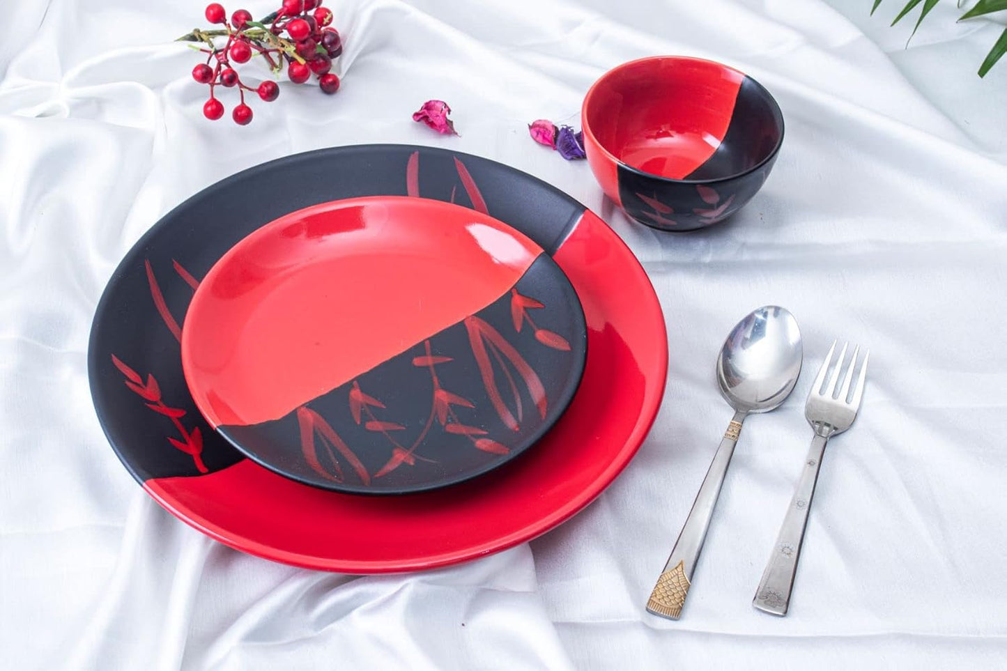 Caffeine Ceramic Handmade Red & Black Combo Dinner Set 9 pcs.(4 Dinner Plate, 4 Katori Bowl, 1 Serving Bowl)