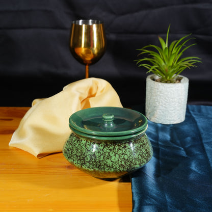 Caffeine Ceramic Handmade Green Crackle Serving Handi with Lid (Set of 4 ) - Caffeine Premium Stoneware