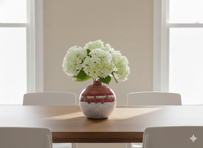 Vase with white flowers on a wooden table in a bright room