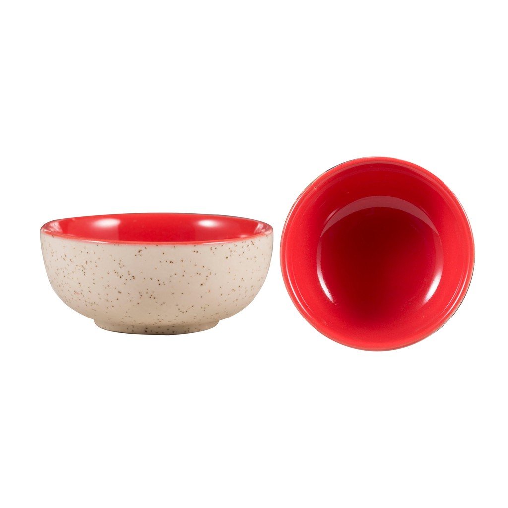 Caffeine Ceramic Handmade Matte Cream & Glossy Red Dessert Bowl (Set of 2, 150 ml) - Caffeine Premium Stoneware