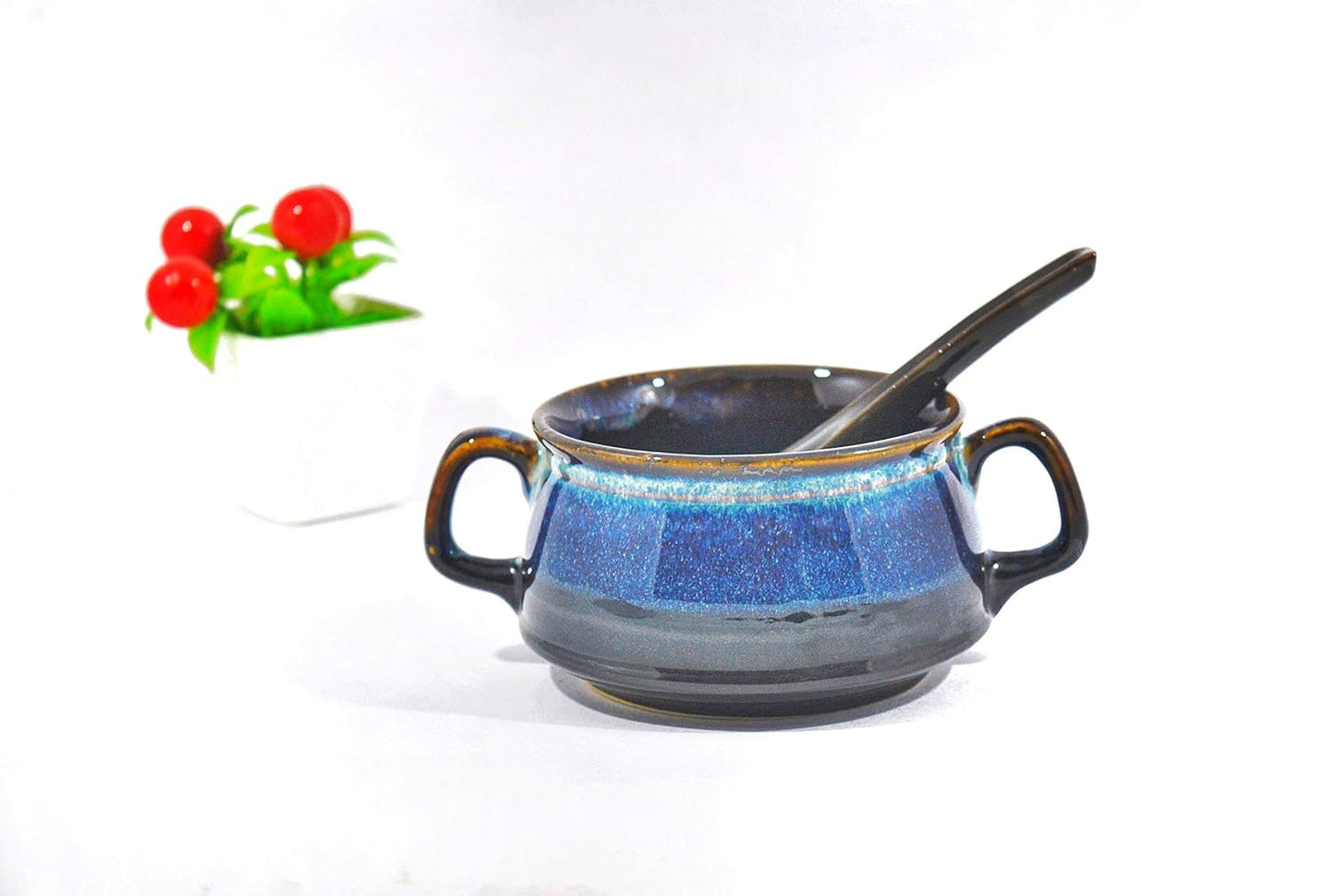 Caffeine Ceramic Handmade Multi Color Double Handled Soup Bowl with Spoon Set 4 - Caffeine Premium Stoneware