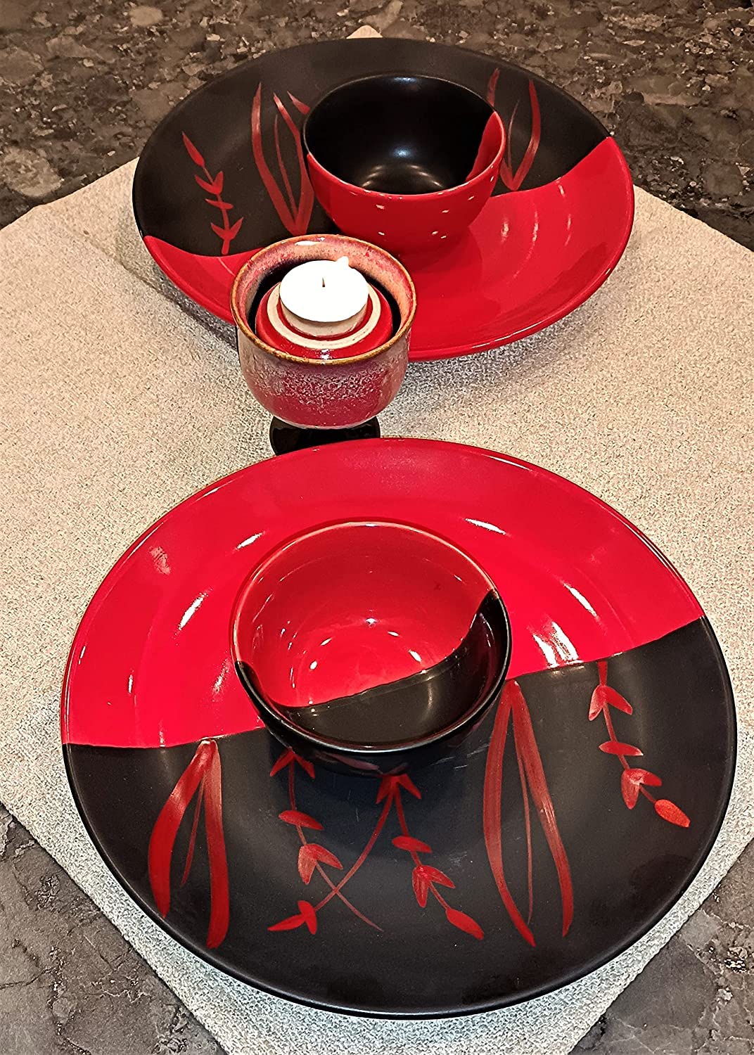 Caffeine Ceramic Handmade Red & Black Bamboo Dinner Set (Set of 4)
