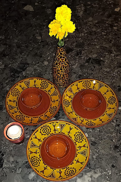 Caffeine Ceramic Handmade Mustard Brown Romani Combo Dinner Set (Set of 8)