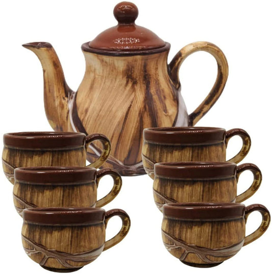 Caffeine Ceramic Handmade Glossy Wood Brown Tea Set with Kettle (Set of 7)
