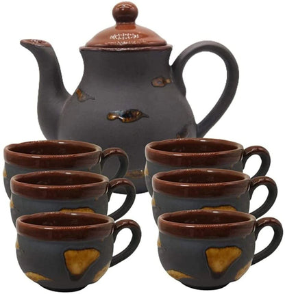 Caffeine Ceramic Handmade Purple Matte &amp; Brown Tea Cup with Kettle Set of 7