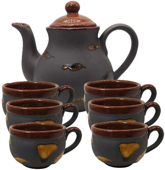Caffeine Ceramic Handmade Purple Matte &amp; Brown Tea Cup with Kettle Set of 7