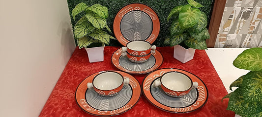 Caffeine Ceramic Handmade Orange & Grey leaf Combo Dinner Set (8 pcs.)
