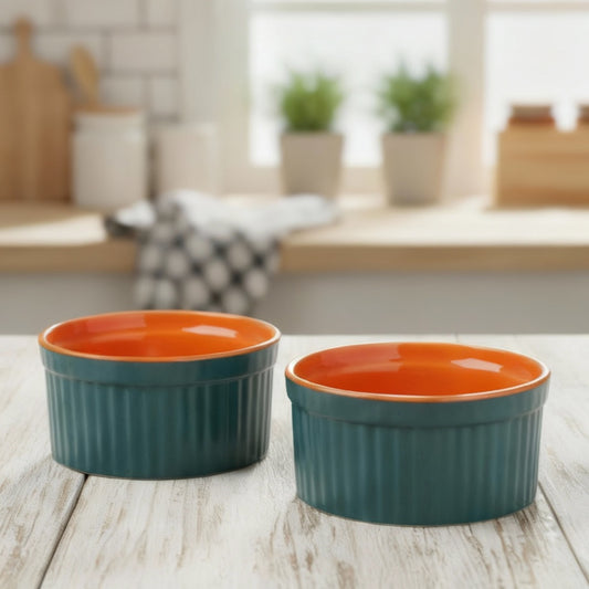 Caffeine Premium Ceramic Handmade Blue & Orange Ramekins Bowl (Set of 2)