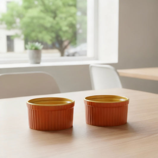 Caffeine Ceramic Handmade Matte Brown & Yellow Ramekin bowl (Set of 2, 150 ml)