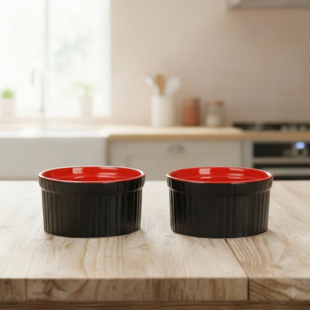 Caffeine Ceramic Handmade Matte Black & Glossy Red Ramekins Bowl (Set of 2)