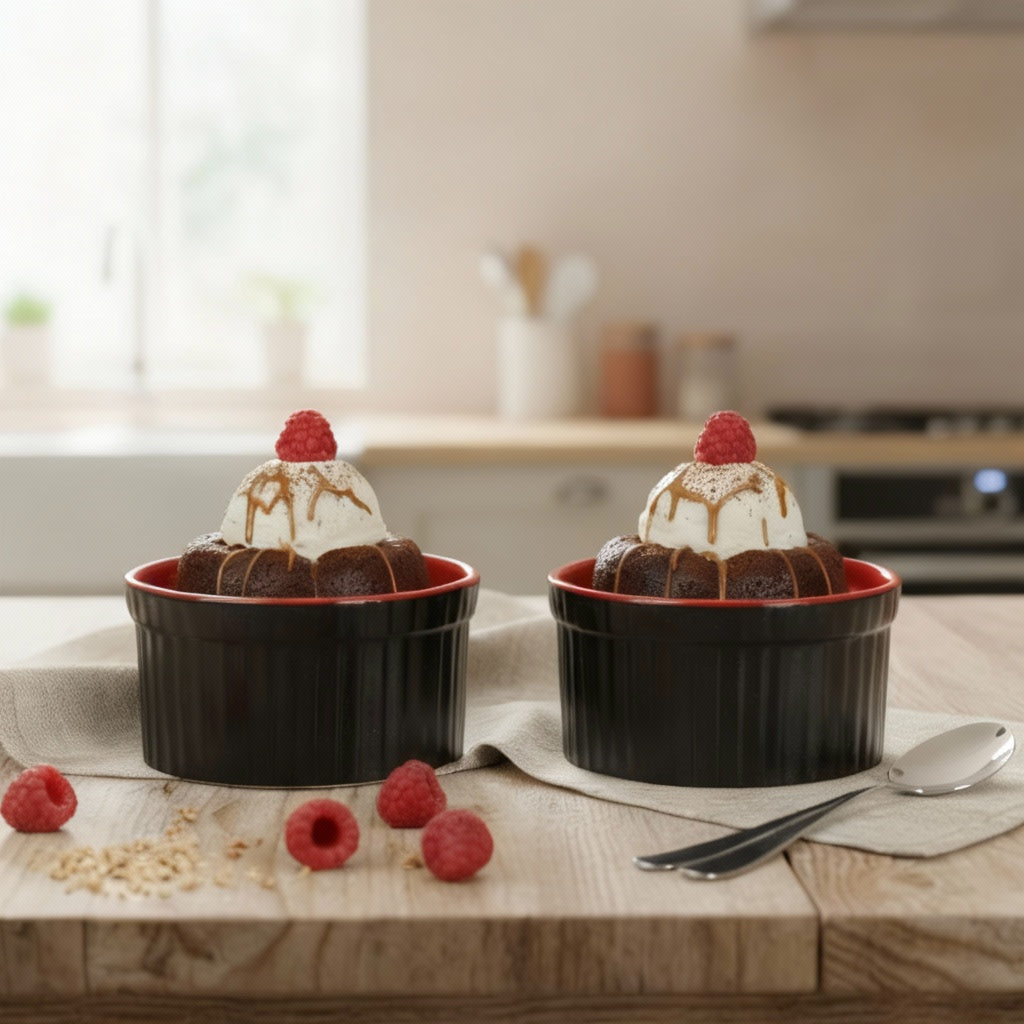 Caffeine Ceramic Handmade Matte Black & Glossy Red Ramekins Bowl (Set of 2)