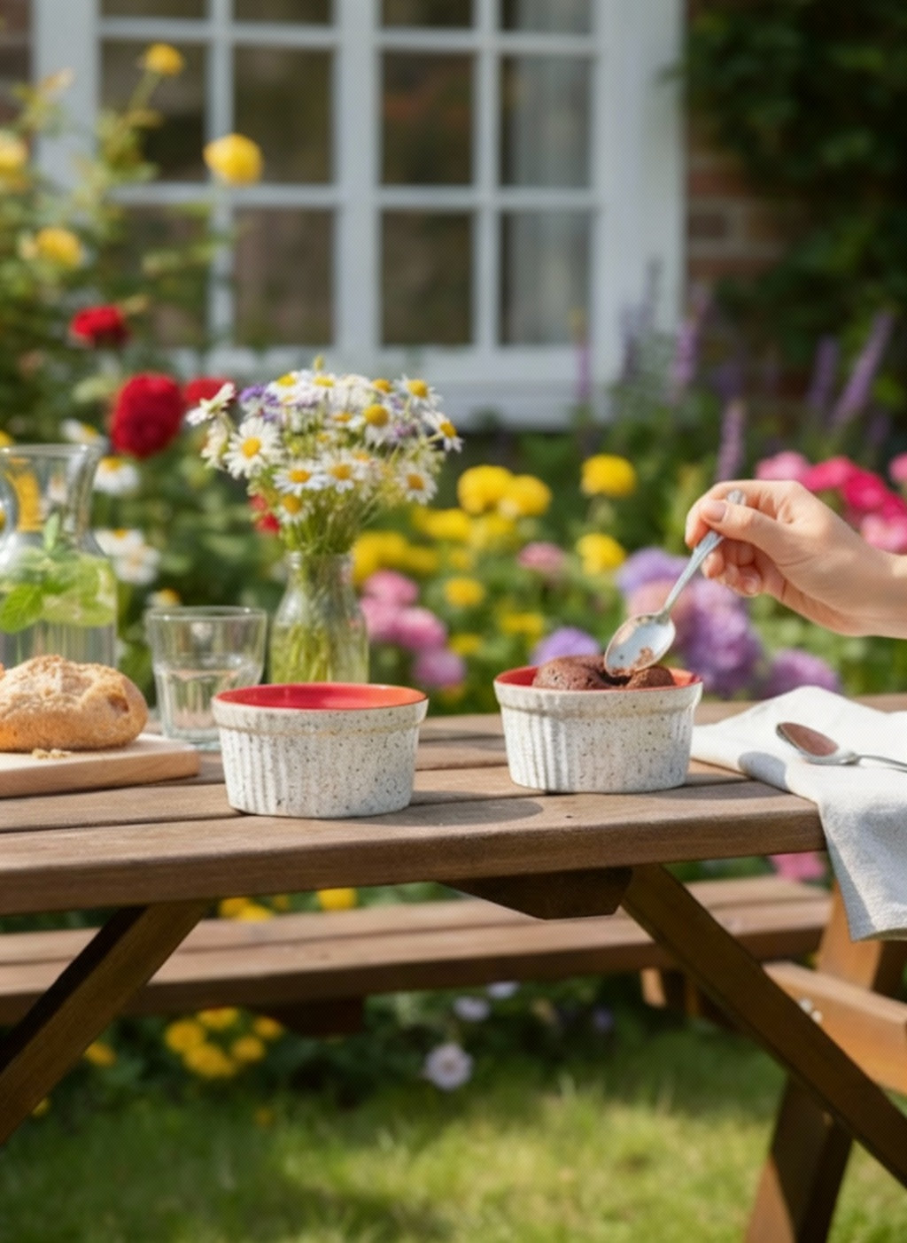Caffeine Ceramic Handmade White and Red Ramekins Bowl (Set of 2)