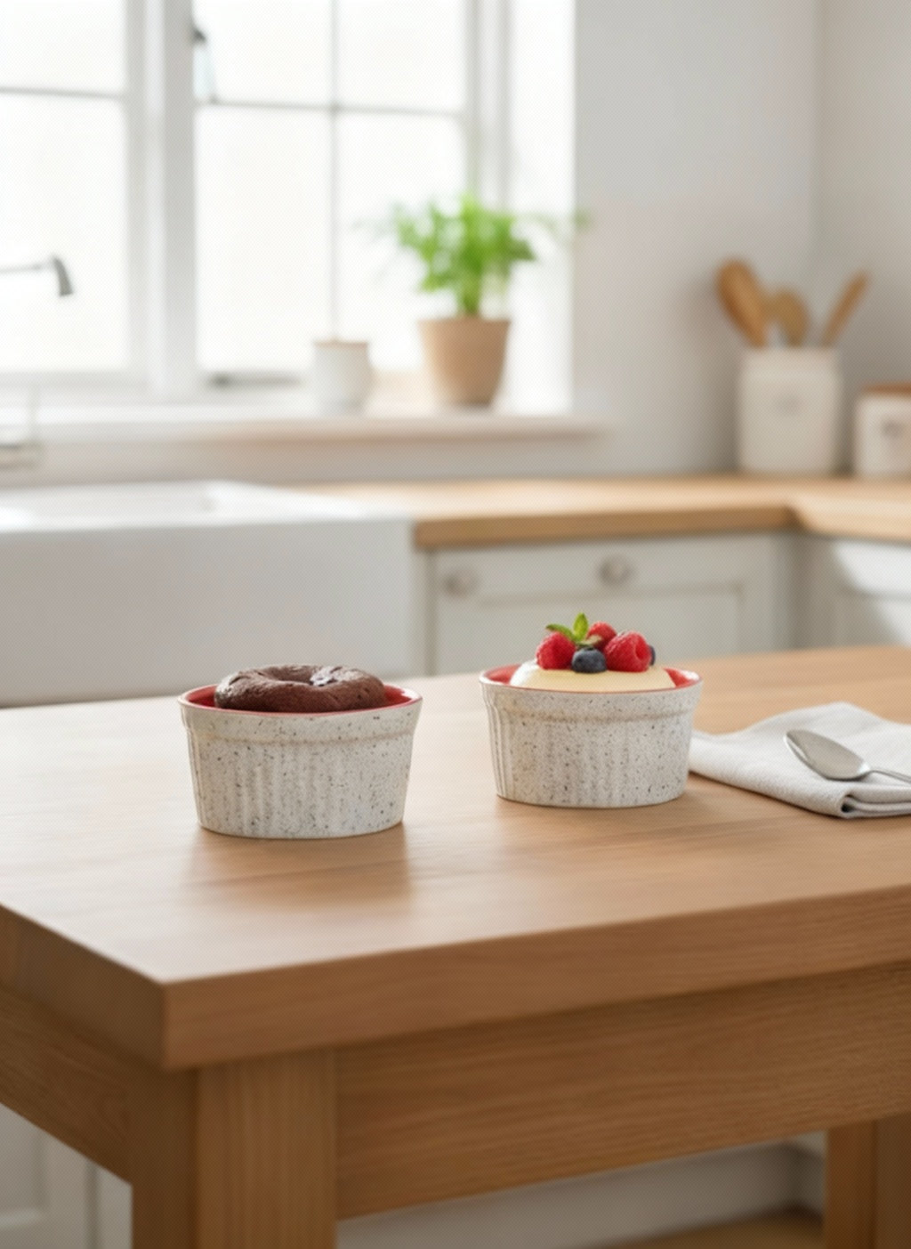 Caffeine Ceramic Handmade White and Red Ramekins Bowl (Set of 2)