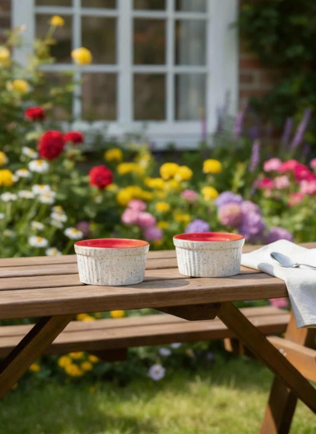 Caffeine Ceramic Handmade White and Red Ramekins Bowl (Set of 2)
