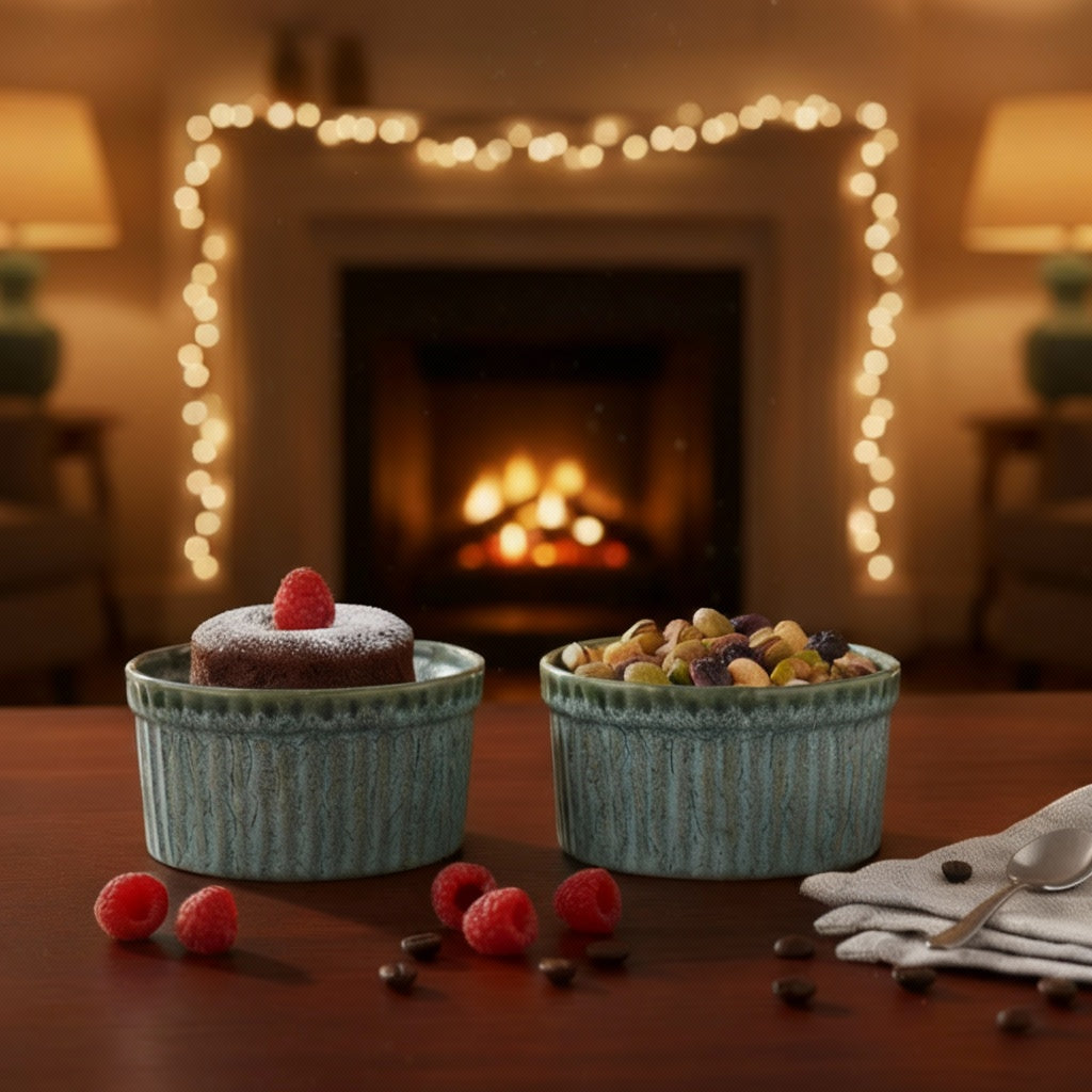 Caffeine Ceramic Handmade Green Crackle Studio Ramekins Bowl (Set of 2)