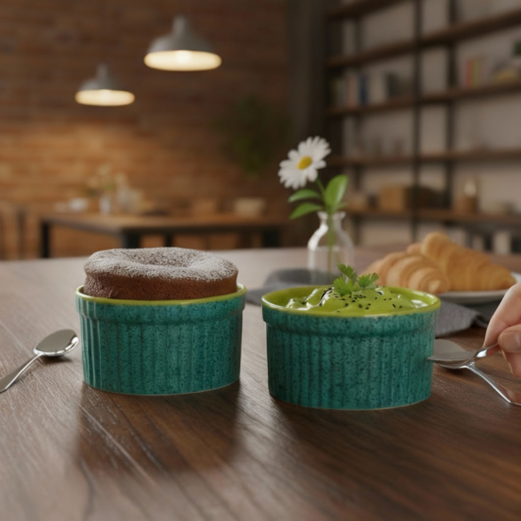 Caffeine Ceramic Handmade Glossy Turquoise Green Ramekin bowl (Set of 2, 150)