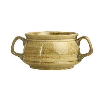 Caffeine Ceramic Handmade Glossy Wood Brown Double Handle Soup Bowls with spoon set of 4 - Caffeine Premium Stoneware