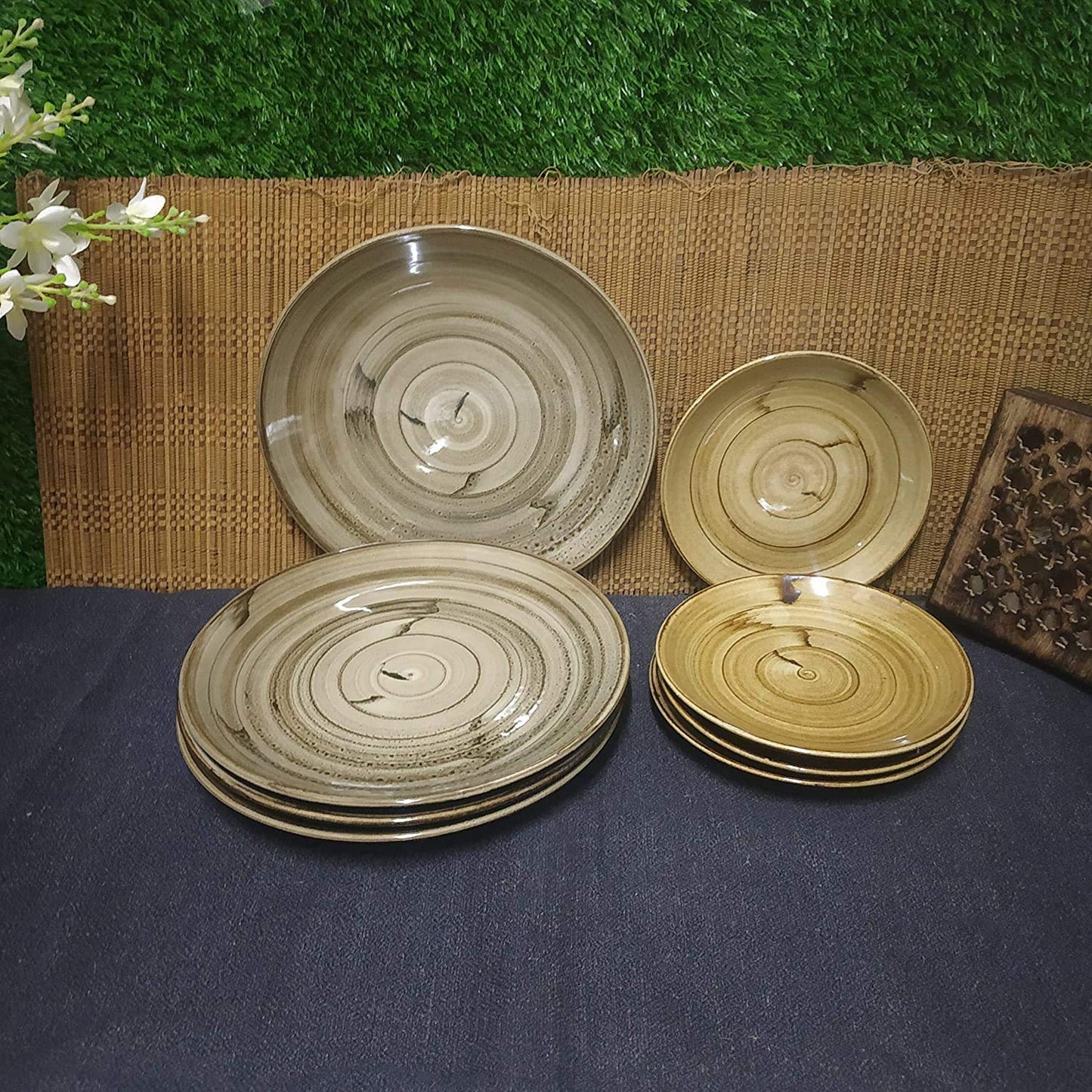 Caffeine Ceramic Handmade Stoneware Wooden Brown Combo Dinner Set of 15